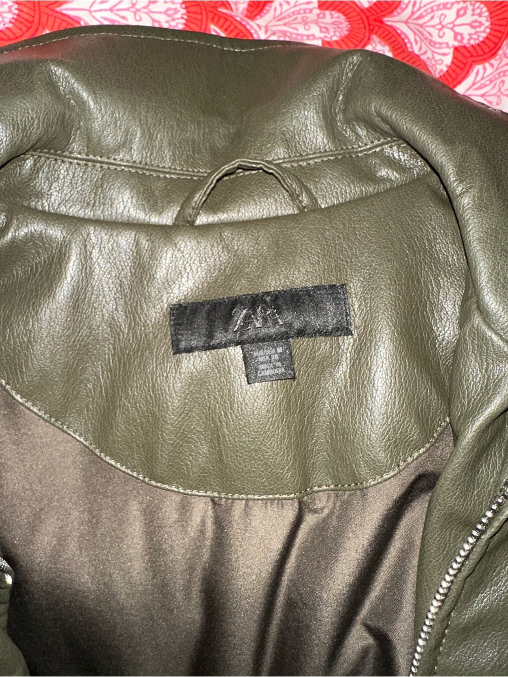 Zara Olive Green Leather Bomber Jacket - Picture 2 of 3